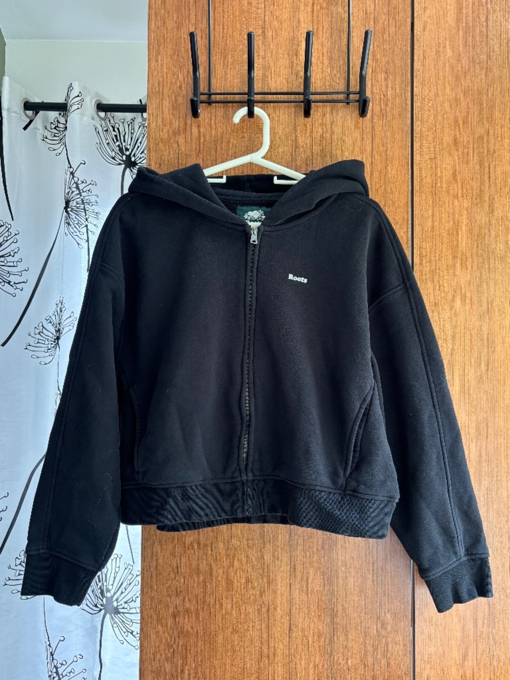 Roots Canada Black Organic Cotton Fleece Cropped Full Zip Hoodie Sweatshirt - L